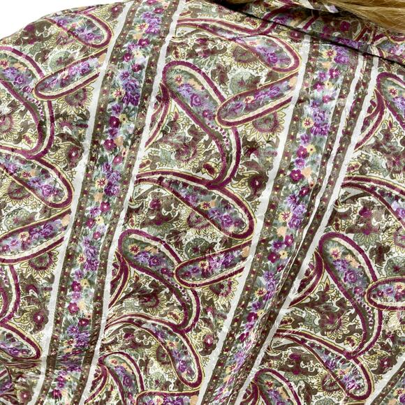 90s BROWNSTONE STUDIO Vintage Green Purple Paisley Bow Neck Blouse - Picture 11 of 12